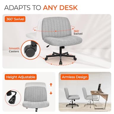 Orange Factory Criss Cross Chair Wheels Wide Cross Legged Office Desk Vanity Chair Comfy Fabric Armless Adjustable Swivel for Home Computer Task (Gray) - Image 6