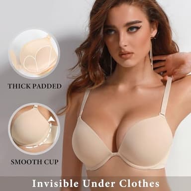 Lingesxy Women's Push Up Padded Bra Seamless T-Shirt Underwire Plunge Bra Add One Cup 44A Beige - Image 3