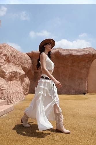 iiimmu Cowgirl Tall Boots Pointed Toe and Block Heel Cowboy Suede Boots with Embroidered, Beige, Size 8 - Image 6