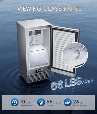 ecozy Under Counter Nugget Ice Maker Machine, Bulit-in & Freestanding, Horizontal Handle, Reversible Door, 66 Lbs/Day, Thickened Viewing Glass Window, Self-Cleaning & 24H Timer, Stainless Steel - Image 4