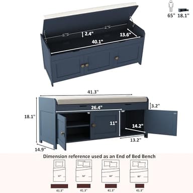 HOMEFORT 41.3" Shoe Bench with Lift Top Storage, Entryway Bench with Cushioned Seat, Wooden End of Bed Bench, Shoe Cabinet Bench with Hidden Storage Space, for Bedroom, Hallway,Blue - Image 3