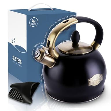 SUSTEAS Stove Top Whistling Tea Kettle - Food Grade Stainless Steel Teakettle Teapot with Cool Touch Ergonomic Handle, With 1 Silicone Pinch Mitt Included, 2.64 Quart(BLACK) - Image 6