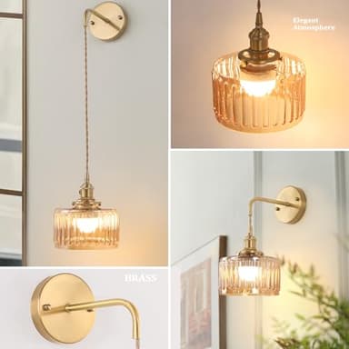 Shenmoyl Battery Operated Wall Sconce with Amber Striped Shade Pattern Glass Adjustable Chain Retro Gold Wall Mounted Light, Modern Wall Lamp Fixtures Decor for Bedside Bedroom Indoor Doorway - Image 5