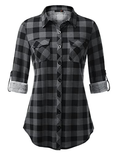 DJT Womens Soft Stretchy Knit Plaid Shirts Roll Up Long Sleeve Collared Button Down Blouses Tops XX-Large Black Plaid - Image 1