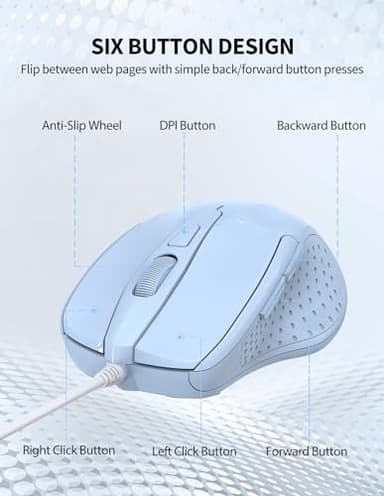 TECKNET Wired Mouse, 6-Button Corded with 4 Adjustable DPI, Optical Mouse with Ergonomic Design and 5FT Cord for Laptop, Chromebook, PC, Desktop, Mac, Notebook - LT.Blue - Image 7