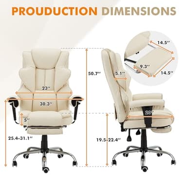HOMREST 6-Point Massage Executive Chair,Heat Office Chair,Ergonomic Home Office Desk Chairs with Retractable Footrest and Reclining Function,Leather Computer Chair with Adjustable Armrest(Off White) - Image 3