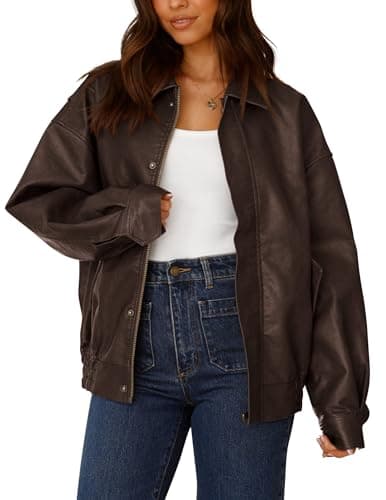 PRETTYGARDEN Women's Faux Leather Motorcycle Jacket Trendy Fall Spring Clothes Oversized Zip Up Winter Coat Outerwear (Dark Coffee,Medium) - Image 1