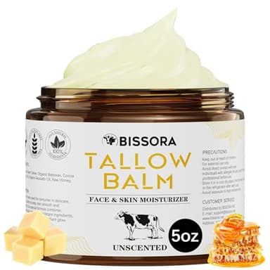 Bissora Beef Tallow for Skin, Organic Grass-Fed Beef Tallow Balm with Raw Honey & Jojoba Oil - Whipped Moisturizer for Face & Body - All-Natural Skin Care for Soft, Hydrated Skin (5 OZ, Unscented) - Image 1