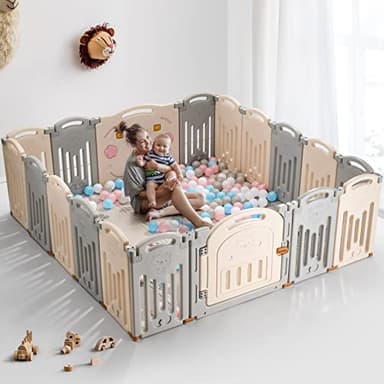 UANLAUO Baby Fence, Foldable Playpen, 18 Panel Extra Large Playpen for Babies Toddlers Infant, Safety Material Portable Play Yards with Gate, NO Gaps Play Area Indoor Outdoor Use, Grey+Cream - Image 1