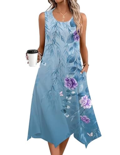 Zeagoo Tropical Dresses for Women Casual Summer O Neck Sleeveless Boho Print Dress Loose Sundress with Pockets - Image 3