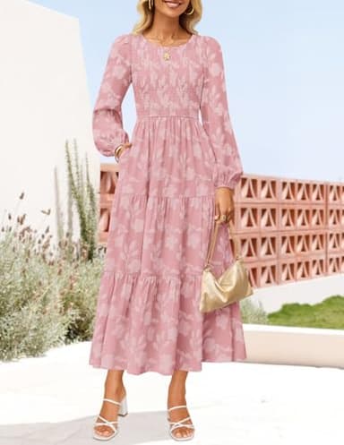 ZESICA Women's Fall Boho Floral Midi Dress 2025 Casual Long Sleeve Crewneck Flowy Wedding Guest Long Dresses,Pink,Medium - Image 9