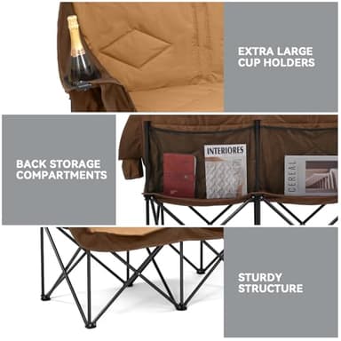 Double Camping Chairs for Adults Oversized Loveseat - 2 Person Camping Chair Heavy Duty Outdoor Camping Couch with Cup Holders - Portable Folding Chair for Outside Lawn, Brown - Image 5