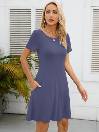 KORSIS Summer Dresses for Women Purple Gray Small Casual T Shirt Dress Short Sleeve Swing Flowy Ladies Beach Vacation Sundress with Pockets - Image 3