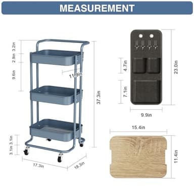 DTK 3 Tier Metal Utility Rolling Cart with Table Top and Side Bags, Metal Tray Storage Organizer Cart with Wheels, Art Craft Cart with 4 Hooks for Kitchen Bathroom Office Living Room (Blue) - Image 6