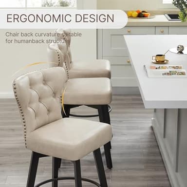 Counter Height Barstools 26 inch Upholstered Button Tufted Swivel Bar Stools with Back and Wood Legs for Kitchen Island,Set of 4,Beige-Nailhead Trim - Image 5