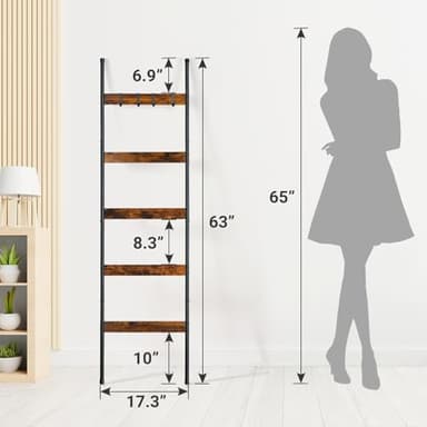 ELYKEN Blanket Ladder for Living Room, Farmhouse 5-Tier Quilt Holder with 4 Removable Hooks for Bathroom, Wood Towel Rack Display, Wall Anchor Leaning Decorative Stand for Home, Rustic Brown - Image 3