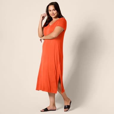 Amazon Essentials Women's Jersey V-Neck Short Sleeve Midi Length Dress, Coral Orange, Small - Image 7