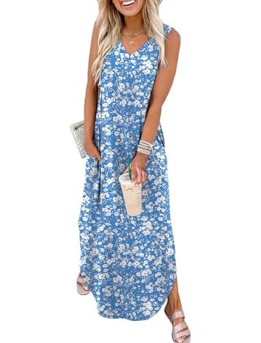 Sampeel Summer Dresses for Women 2025 Sundresses Casual Long Flowy Beach Vacation Date Cruise Essentials 2025 Floral Blue M - Image 1
