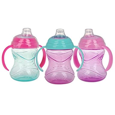 Nuby Clik-It Grip N' Sip Soft Spout No-Spill Training Sippy Cup with Handles - (3-Pack) 10 oz - 4+ Months - Aqua/Purple/Pink - Image 1