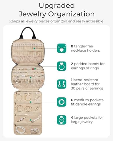 BAGSMART Travel Jewelry Case, Hanging Jewelry Organizer with Zipper Pockets, Large Capacity Puffy Jewelry Roll for Earrings, Necklaces, Rings on Closet, Wall, Door, Portable Travel Essentials, Pink - Image 2