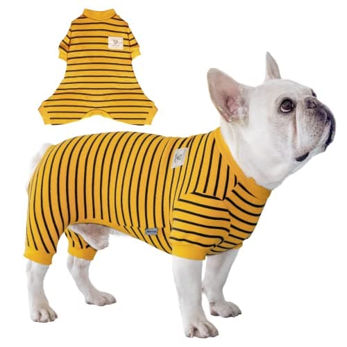 TONY HOBY Dog Pajamas, Thermal Dog Jumpsuit, 4 Legged Pajamas with Stripes for Small Medium Dogs (Yellow,XS) - Image 1