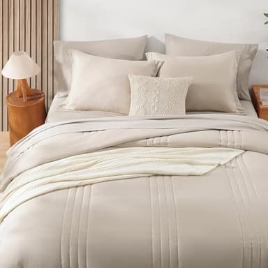 Monbix Queen Comforter Set - 7 Pieces Beige Bed in a Bag Queen Bedding Sets with Comforters, All Seasons Comforter Bed Set with Sheets,Pillowcases & Shams - Image 9