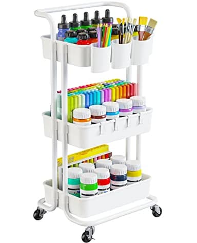 Pipishell 3-Tier Rolling Cart with Wheels - Rolling Storage Cart with Hanging Cups & Hooks - Mobile Utility Cart for Office, Kitchen, Craft Room - Art & Craft Organizer, White, PIUC06W - Image 1