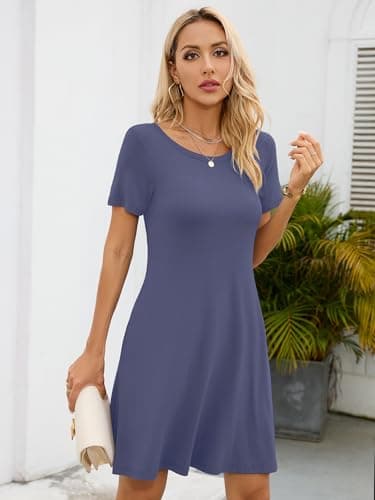 KORSIS Summer Dresses for Women Purple Gray Small Casual T Shirt Dress Short Sleeve Swing Flowy Ladies Beach Vacation Sundress with Pockets - Image 2