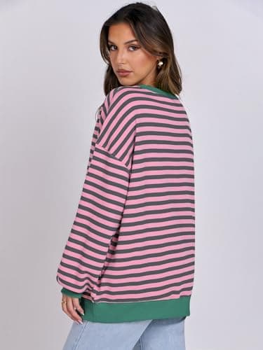 ANRABESS Women Striped Sweatshirts Oversized Crewneck Long Sleeve Shirts Y2K Pullover Top 2025 Fall Outfits Fashion Clothes Grey Pink X-Large - Image 5