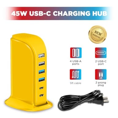 45W USB Charging Station, 6-Port Hub with 4 USB-A & 2 USB-C Ports, 5ft Cable, Yellow - Image 2