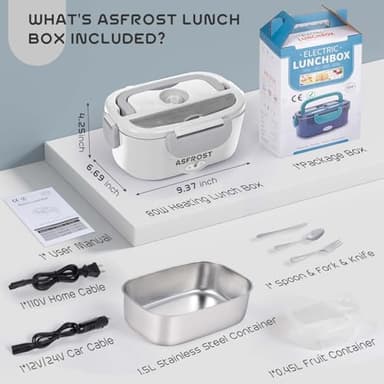 AsFrost Hot Lunch Box for Adults, 80W Fast Electric Lunch Box, 3 IN 1 Leakproof Lunch Electric Box Food Heater for 12/24/110V Car, Truck, Office Use, Food-Grade SS Container Heated LunchBox - Grey - Image 8