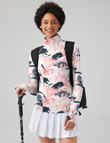 LOMON Women Long Sleeve Shirts Sun Protection 1/4 Zip Summer Quick Dry Hiking Shirts Quarter Zip Pullover Pink Leaves L - Image 3