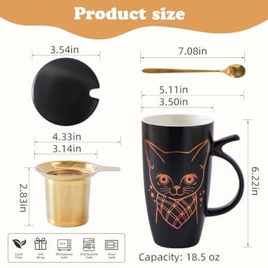 DELARLOCHEF Tea Mug With Infuser And Lid - 20oz Microwave & Dishwasher Safe Ceramic Mug, Cat Lover Gift with Leak-Proof Lid, 304 Stainless Steel Strainer & Spoon, Graduation Gifts, Golden Black Cat - Image 3