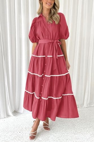 PRETTYGARDEN Women's Summer Button Down Shirt Dress Short Puffy Sleeve Tiered Ruffle Flowy Long Maxi Dresses (Dusty Pink,Medium) - Image 3