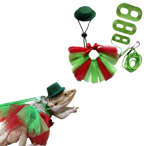Bearded Dragon Lizard Leash Harness Adjustable(S,M,L, 3 Pack) Bearded Dragon Costume and Hat Lizard Layered Rainbow Tutu Skirt Hat Set for Amphibians and Other Small Pet Animals (Green Set) - Image 1