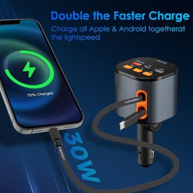 Retractable Car Charger,5 in 1 Fast Cars Phone Charger 90W,Bluetooth 5.3 FM Transmitter Adapter,Handsfree Call,2 Retractable Cables and USB Chargers for iPhone17/16 15/14/13 - Image 3