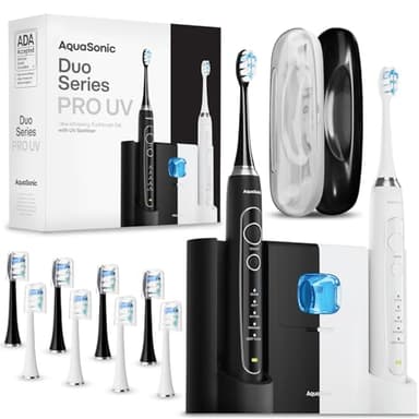 Aquasonic Duo Series PRO UV - ADA Accepted Electric Toothbrushes with UV Sanitizer - Inductive Charging Base - 5 Modes with Smart Timers - 10 Proflex Brush Heads & 2 Travel Cases - Image 1