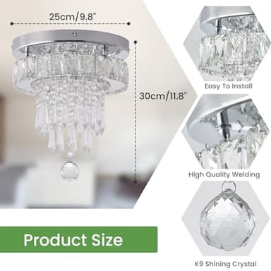 9.8" Small Flush Mount LED Crystal Chandelier with K9 Crystals & Steel Frame, Ceiling Light Chandelier for Bedroom Dining Living Hallway (6000K Cool White) - Image 2