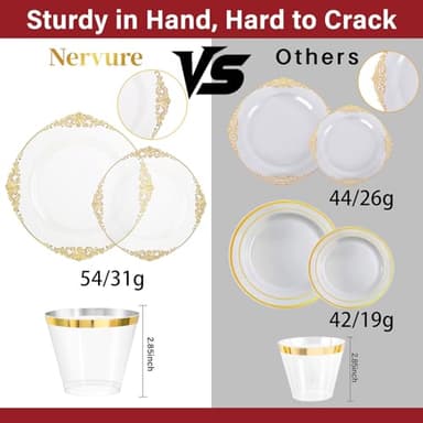 Nervure 175PCS Clear Gold Plastic Plates - Disposable Gold Party Plates & Pre Rolled Napkins with Cutlery for 25 Guests, 50Plates, 75Silverware, 25Cups, 25Napkin for Wedding & Party & Thanksgiving - Image 3