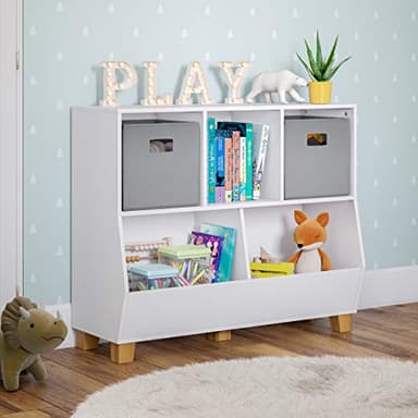 RiverRidge Catch-All Kids Toy Storage Organizer with 3 Cubbies and 2 Storage Bin Compartments - 35 Inch Wide White and 2 Gray Fabric Bins Kids Room Decor Toy Organizers and Bins - Image 2