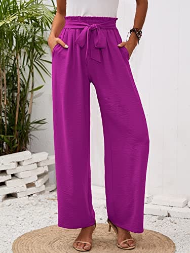Heymoments Women's Wide Leg Lounge Pants with Pockets Magenta Large Lightweight High Waisted Adjustable Tie Knot Loose Comfy Casual Trousers - Image 2
