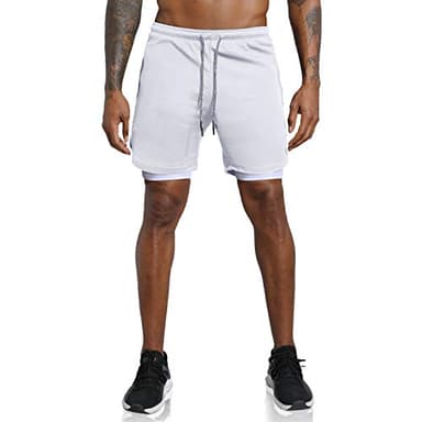 Leidowei 2 in 1 Running Sport Shorts for Men Quick Drying Breathable with Built-in Pocket White L - Image 2
