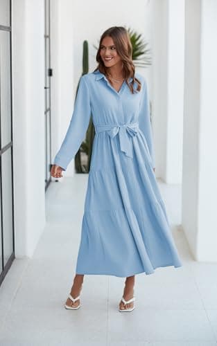 ECOWISH Women's Maxi Shirt Dress - 2024 Long Sleeve Button Casual Fall A-line Work Tiered Dresses with Belt and Pockets Blue Medium - Image 6