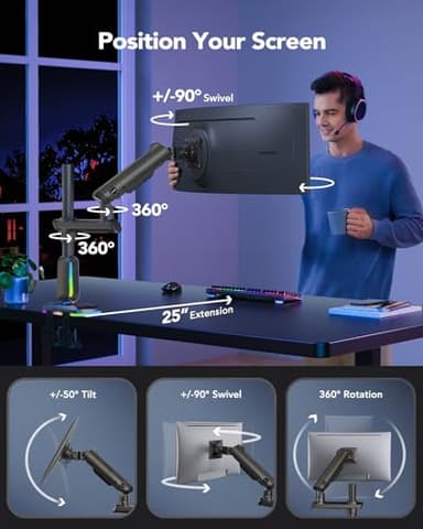 HUANUO RGB Heavy Duty Monitor Arm for Ultrawide Screens up to 57", Holds 44 lbs, Tall Ultrawide Monitor Stand with 29.1" Max Height, Fully Adjustable Single Computer Desk Mount, Max VESA 100x100mm - Image 6
