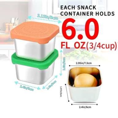 HTEVW 6Pack 6oz Stainless Steel Snack Containers for Kids, Easy Open Leak Proof Metal Toddler Snack Containers with Silicone Lids, Stackable Metal Toddler Lunch Box for Daycare, School and Travel - Image 2