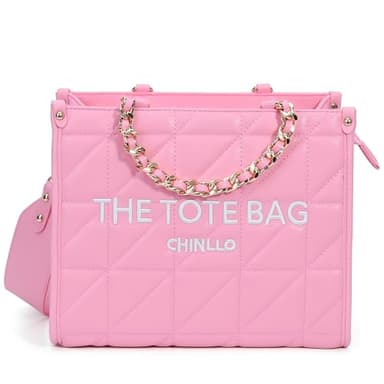 Chinllo Tote Bag for Women, Quilted Chains Stachel Purse and Handbags with Shoulder Strap (E.Pink-M) - Image 1