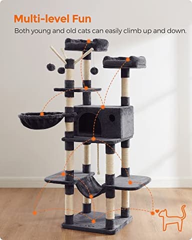 FEANDREA Cat Tree, Large Cat Tower, 64.6 Inches, Cat Activity Center with Hammock, Basket, Removable Fur Ball Sticks, Cat Condo, Smoky Gray UPCT087G01 - Image 4