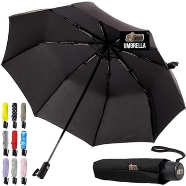 GORILLA GRIP Strong Stick Umbrella for Rain, Compact Travel One-Click Automatic Open Close, Lightweight, Portable, US Designed Reinforced Fiberglass Ribs, Wind Resistant, Easy Collapse, Black - Image 1
