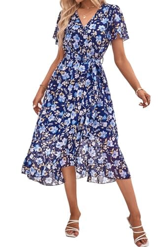 PRETTYGARDEN Women's Summer Floral Boho Dress Wrap V Neck Short Sleeve Ruffle A-Line Flowy Maxi Wedding Guest Dresses (Navy White Floral,Large) - Image 1