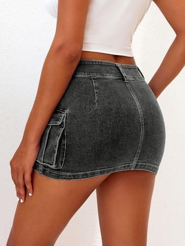 ELLEVEN Mini Cargo Skirts for Women High Stretchy, Low Waist Y2k Skirt Button Cute Denim Bodycon Jean Skirt with Pocket Black Denim X-Small - Image 2